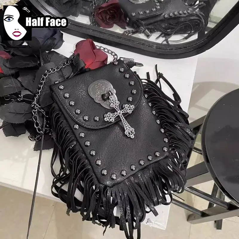 Y2K dziewczęce Harajuku damskie gotyckie punkowy krzyż jedno ramię zaawansowane Lolita Mini diamentowe zamszowe frędzle torby Crossbody w stylu