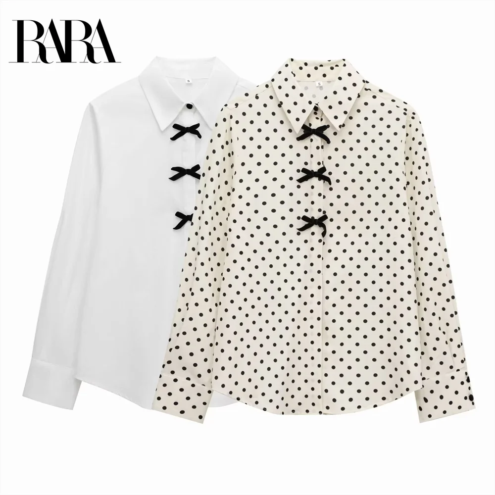 

2025 RARA Winter New Product Women's Fashion Casual Collar Long Sleeve Single breasted Bow Polka Dot Shirt