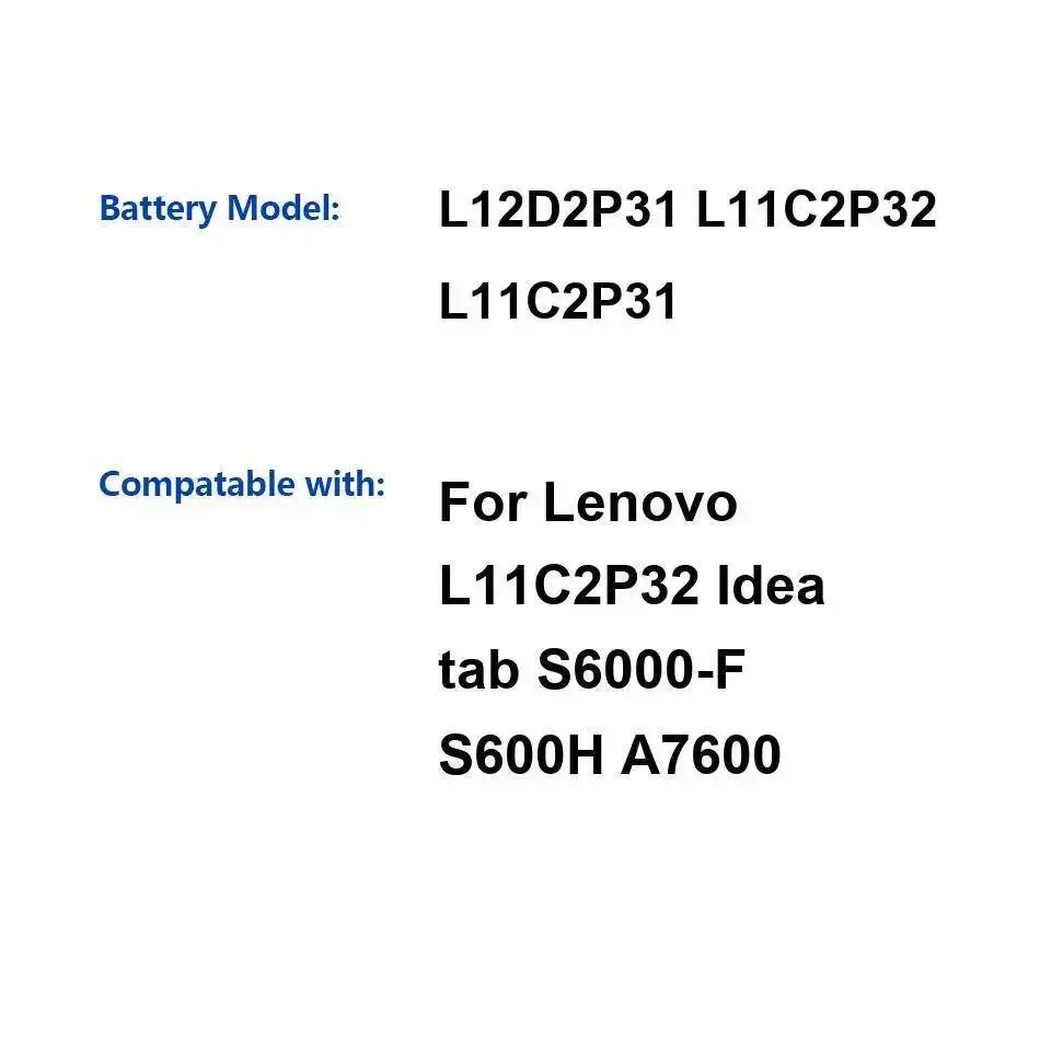 

Аккумулятор для планшета Lenovo Ideatab S6000-F S600H A7600, долговечный стабильный L12D2P31 L11C2P32 L11C2P31 6100 мАч
