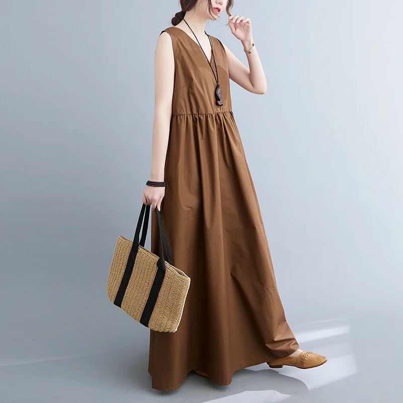 2024 Summer New Loose Sleeveless V-neck Big Swing Vest Women's Long Maxi Dress Boho Streetwear