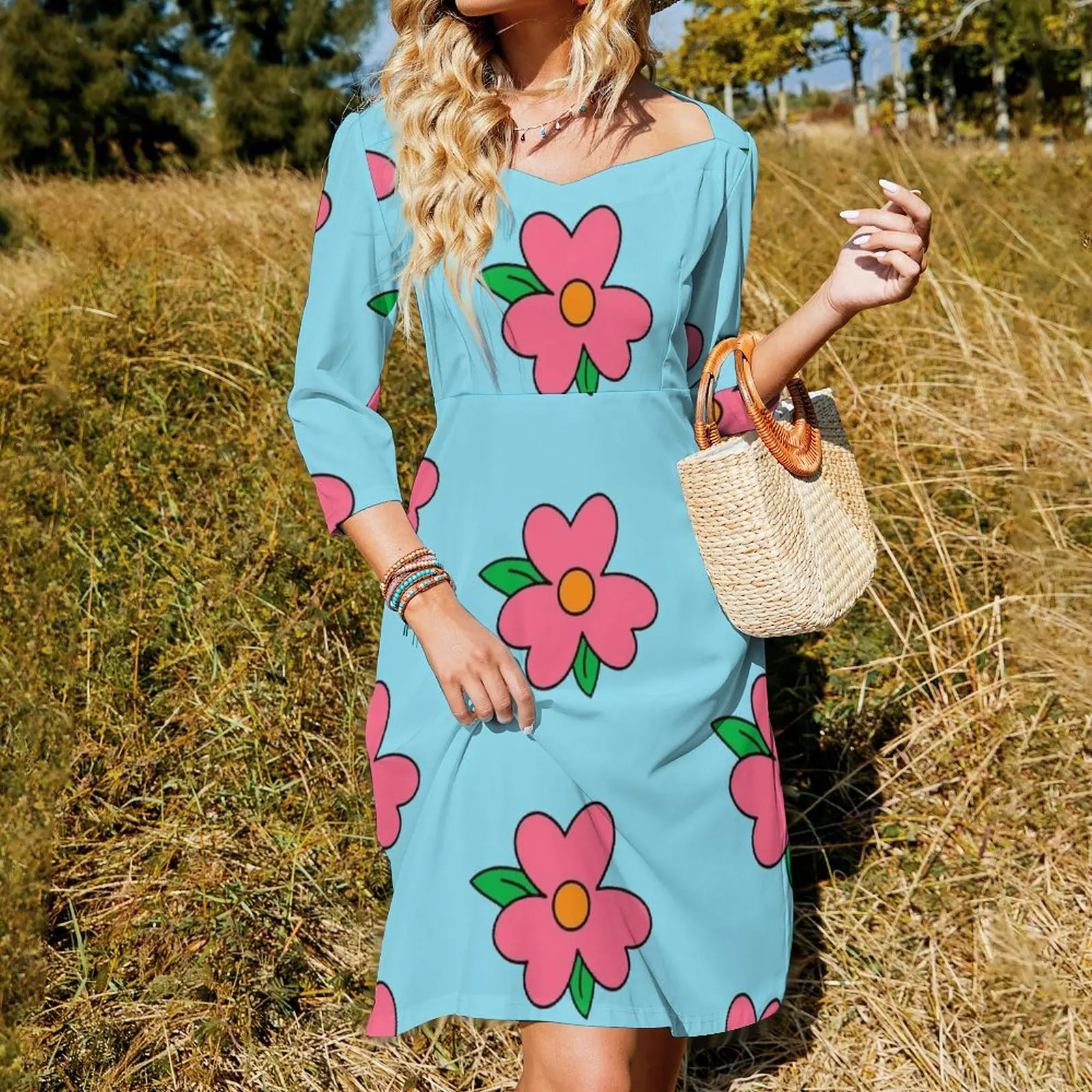 Fat Homer blue Dress Pattern big flower Flare Dress evening dress woman evening