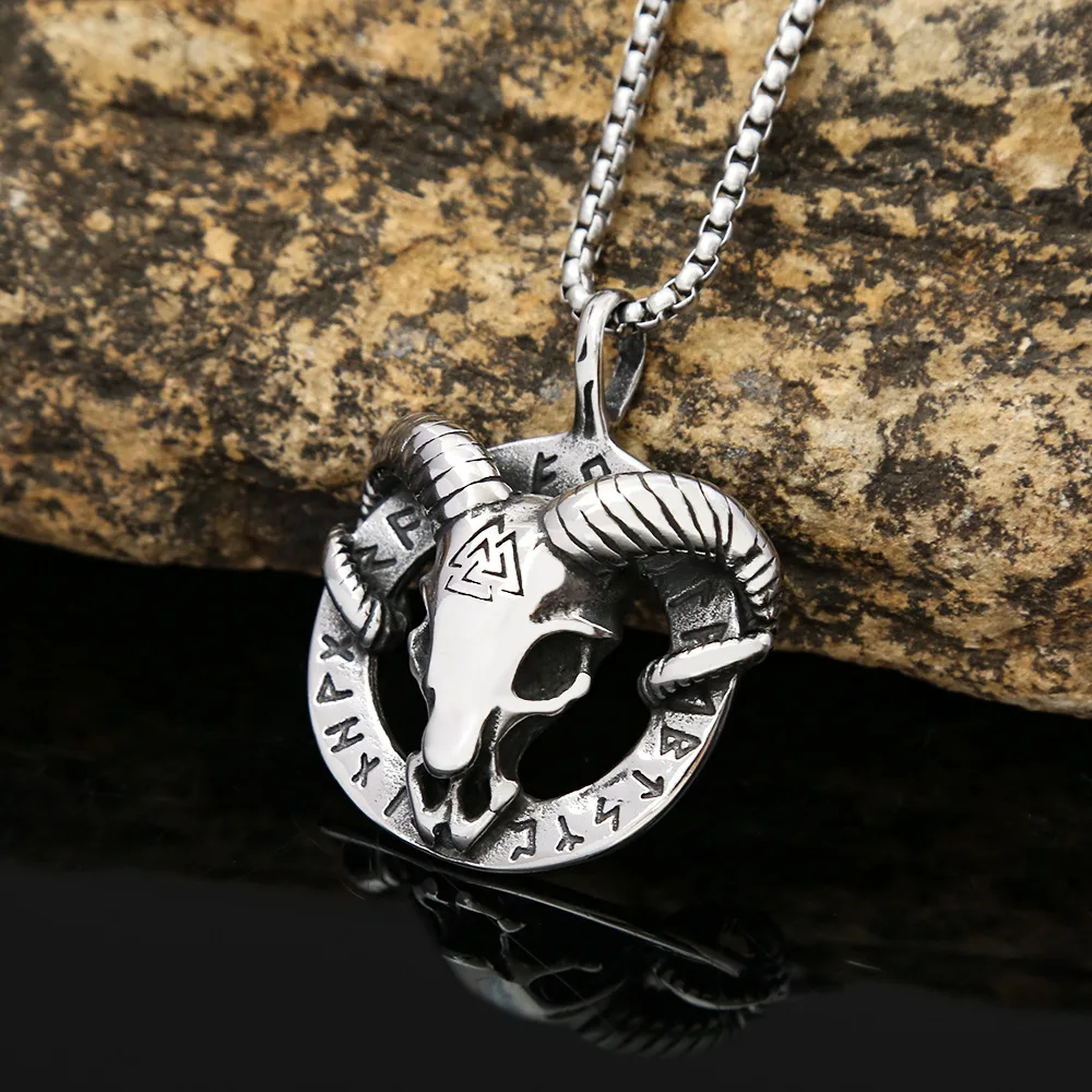 

European and American men's stars retro titanium steel necklace Viking sheep head rune triangle logo stainless steel pendant