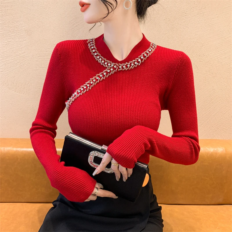 เสื้อสเวตเตอร์ไหมพรมผู้หญิง แขนยาว ดีไซน์แฟชั่น สำหรับฤดูหนาว ใส่เป็นเสื้อตัวใน  ตกแต่งเล็บเพชร  ทรงเข้ารูป ให้ความอบอุ่น