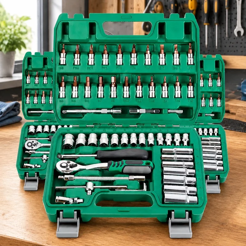 Complete 46-Piece Auto Repair Toolkit with Green Ratchet for Vehicle Maintenance