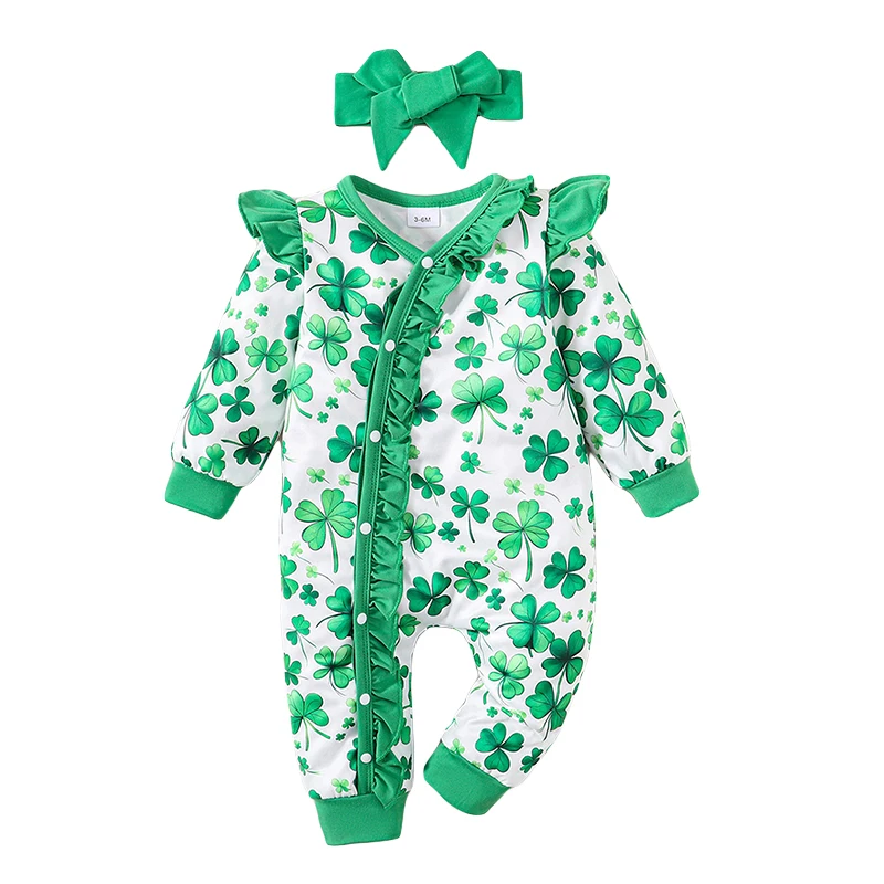 Baby Girls Rompers and Headband Sets Shamrock Print V-Neck Long Sleeve Jumpsuit Bodysuits Ireland Festival Clothes