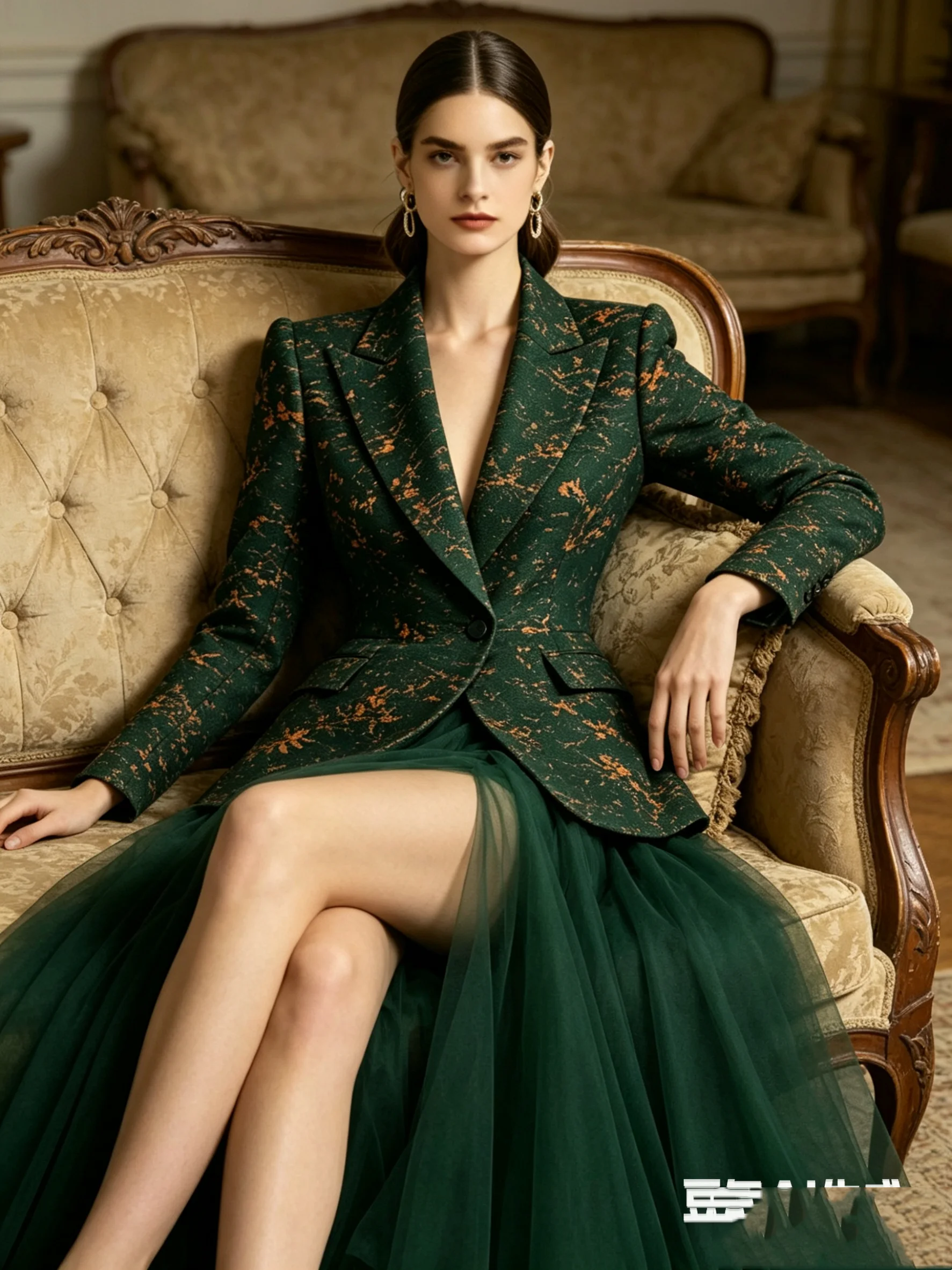 Green Lace Women Suit Skirt Set 2 Pcs Blazer+Tulle Prom Dress Spring Formal Office Lady Jacket Customized Wedding Coat