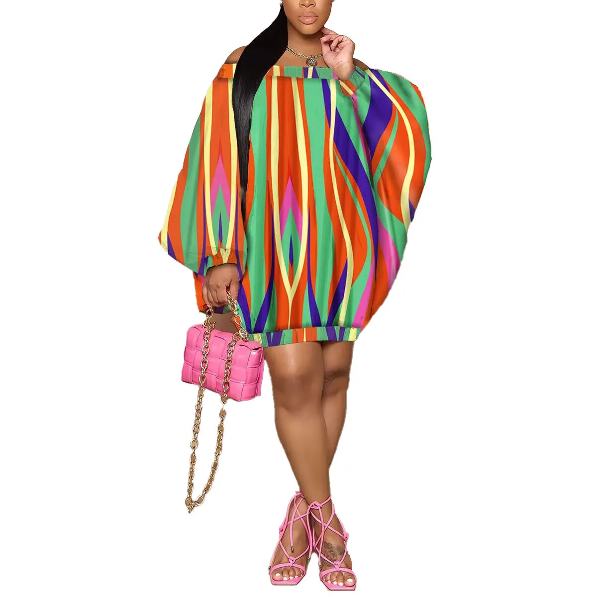 

African Dresses for Women Summer Sexy African Women Batwing Sleeve Polyester Printing Mini Dress L-3XL African Clothes