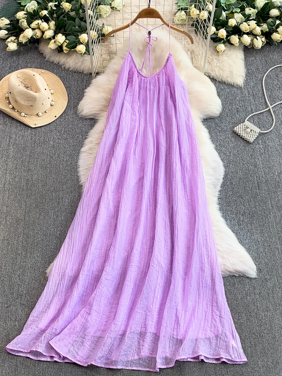 

Сексуальная длинная юбка А-силуэта с высокой талией, фиолетовая, на бретельках, для женщин, осенне-зимняя, для пляжных фотосессий, нежная и изящная