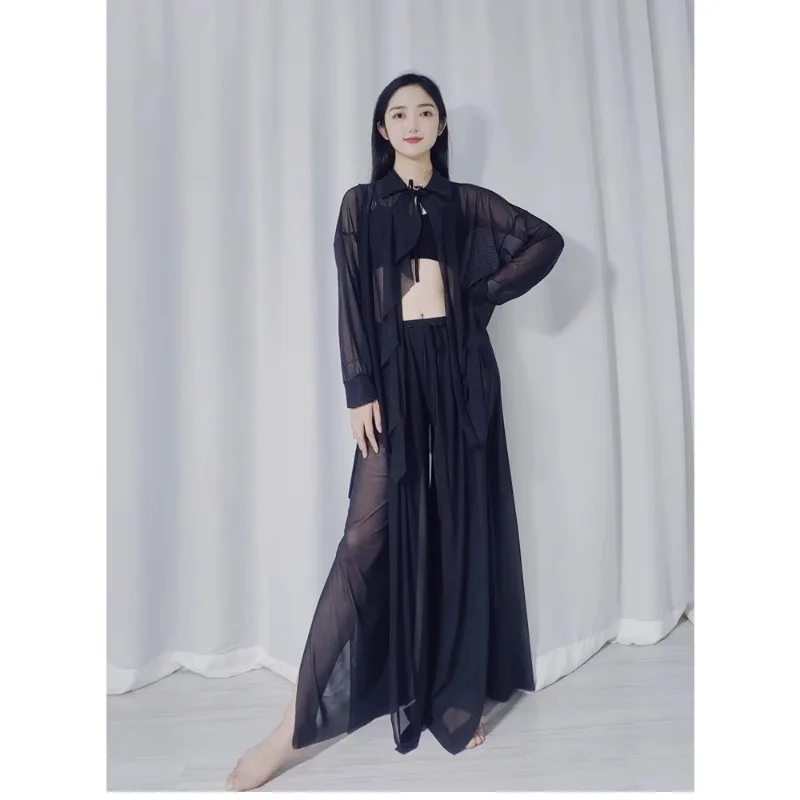 أزياء الرقص الشرقي المخصصة فستان الممارسة 2025 جديد الرقص الحديث شبكة بنطال ذو قصة أرجل واسعة مجموعة أسود