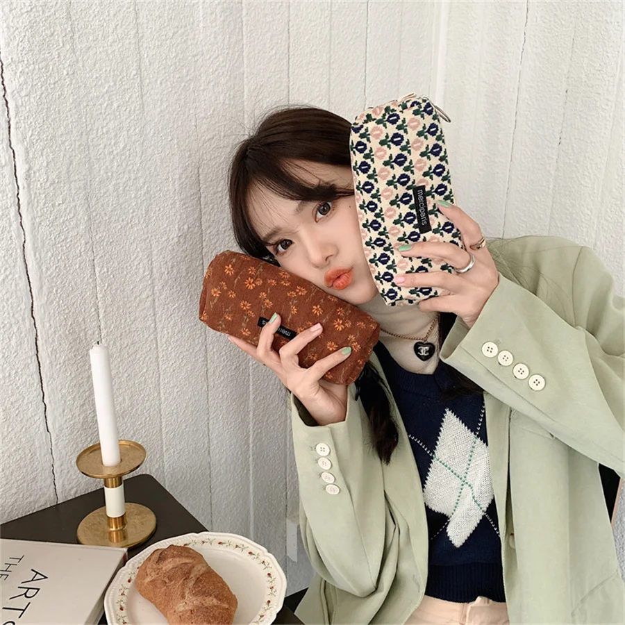 Cute Floral Corduroy Pencil Case Small Cosmetic Lipstick Travel Portable Storage Bag Stationery Pen Makeup Bag Handbag Organizer