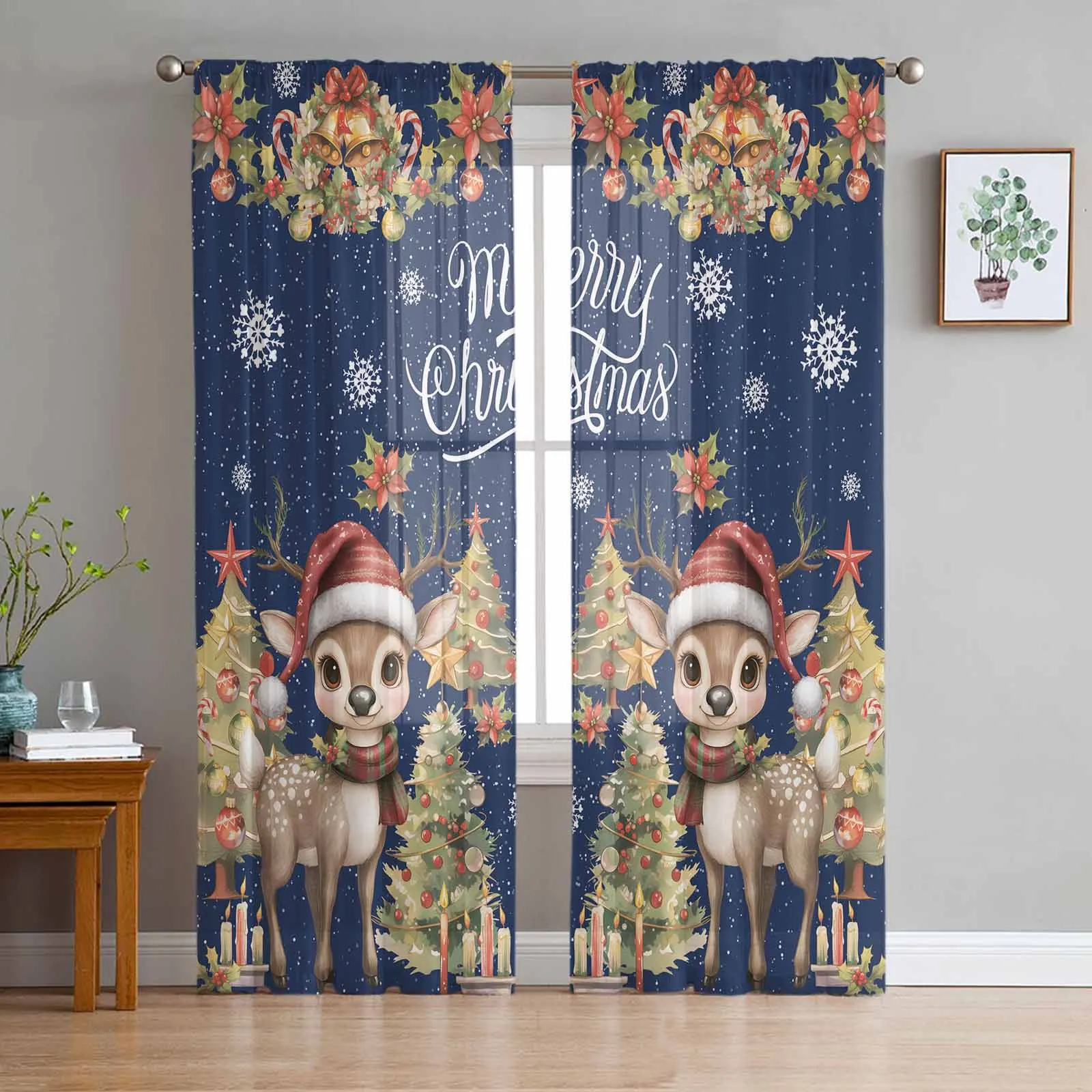 Christmas And Winter Bell Curtains Decorations For Home Window Tulle Curtains For Living Room Bedroom