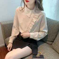 Simplicity Office Lady Autumn Women Solid Peter Pan Collar Button Pleated Korean Fashion Loose Long Sleeve Chiffon Shirt Tops