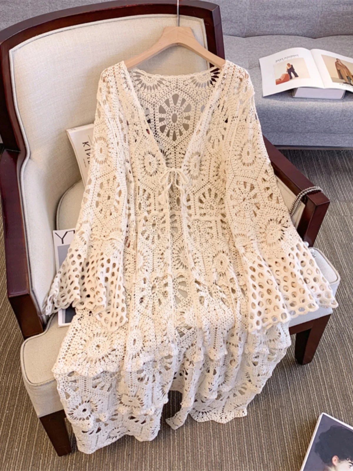 

Long Lace Outerwear Loose Fit Ele Oversized Women's Clothing plus Size Jaet with Belt Hole Hollow out Faionable oul...