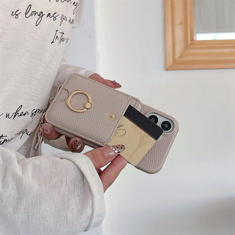 Crossbody Ring Stand Phone Case for IPhone 16 15 Plus 14 11 Pro Max 13 12 Mini Mirror Wallet with Card Holder Leather Cover