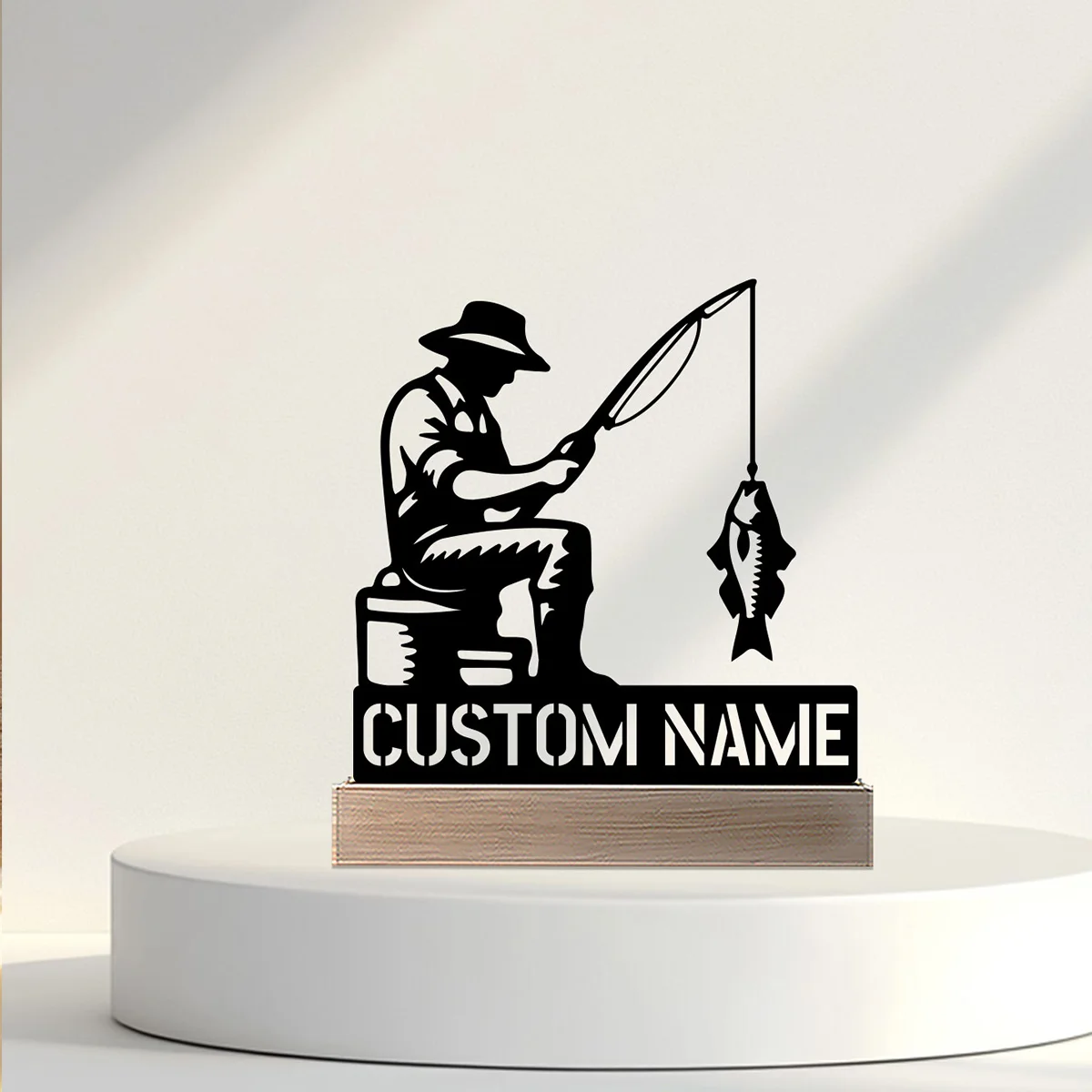 

1 pc cool Angler Customized Name Iron Statue With Wood Base Tin Ornament With Wood Base Tin Sculpture Office Desk