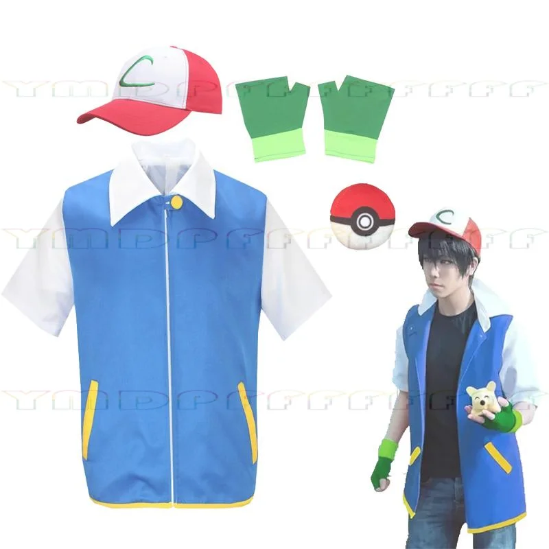 Conjunto de Disfraz de Halloween de Ash, el Entrenador de Pokémon, Chaqueta Azul, Gorro, Guantes, Bola de Pokémon, para Hombre y Mujer, Juego de Rol
