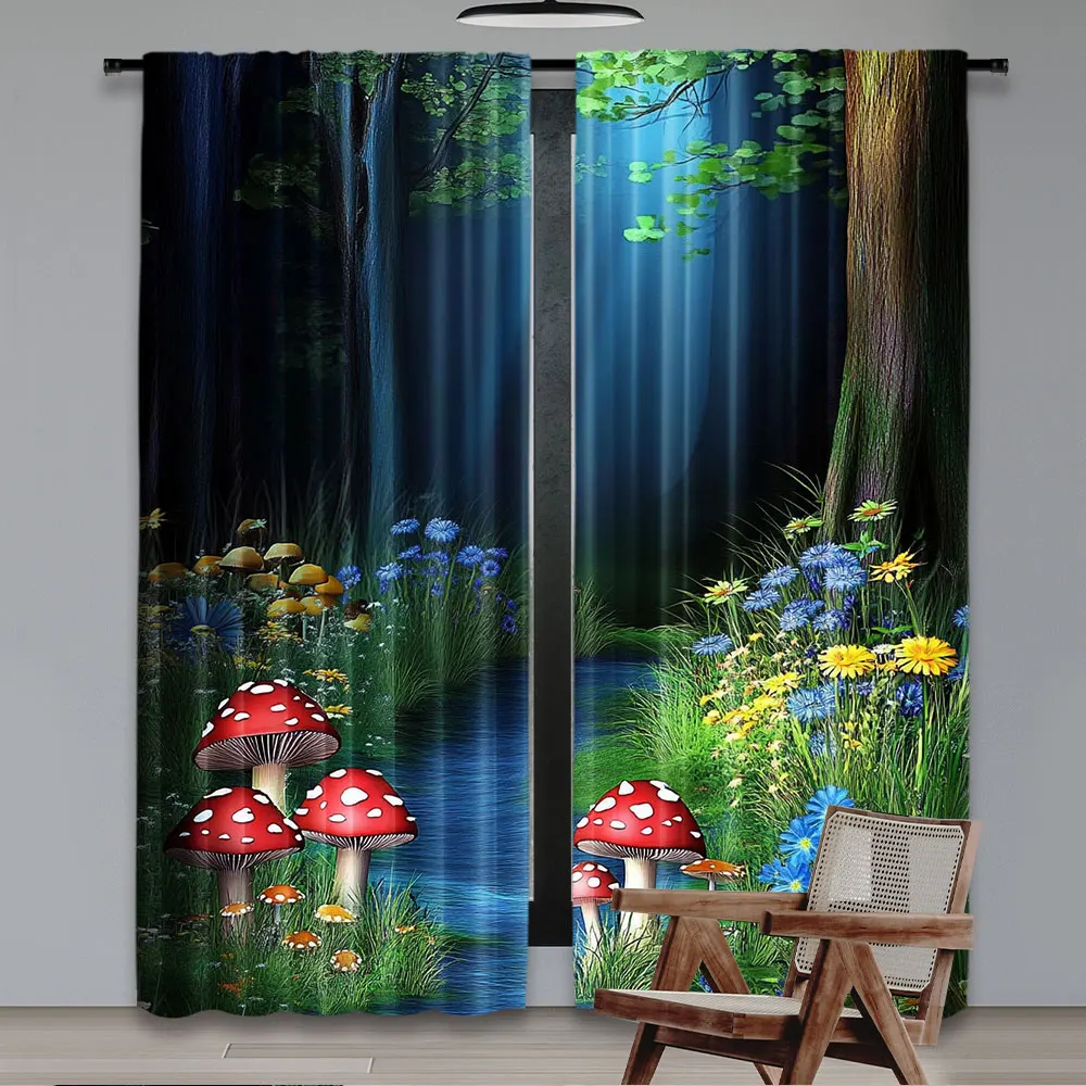 2Pcs Forest Curtain Magic Path River Mushroom Natural Landscape Suitable For Living Room Bedroom And Many Other Occasions