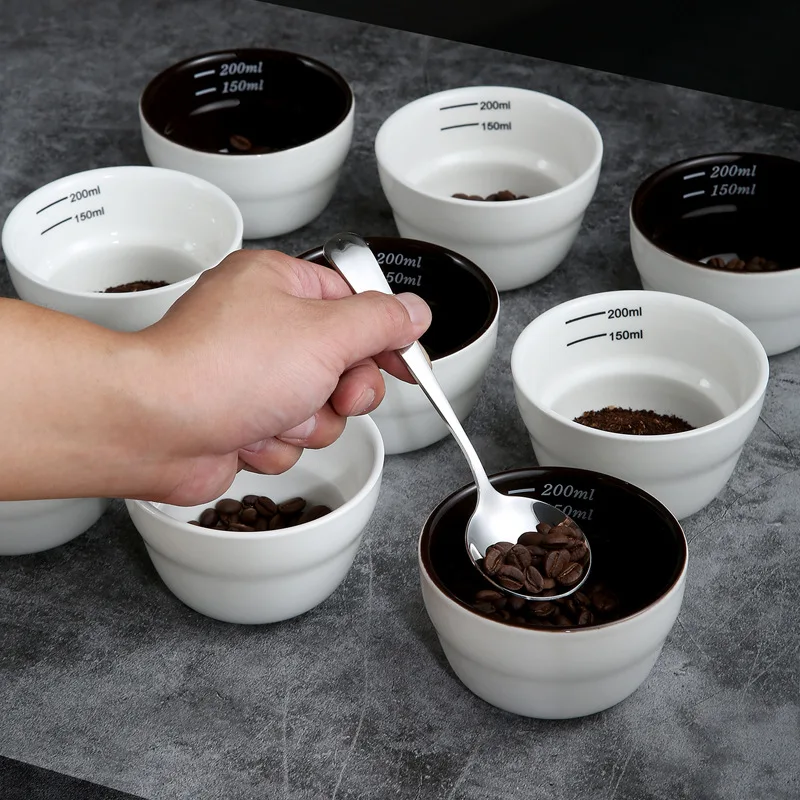 200ml Coffee Cup Thickened Ceramic Measuring Bowl Heat Resistant U Cupping Cup with Spoon Espresso Measuring Cup with Scale