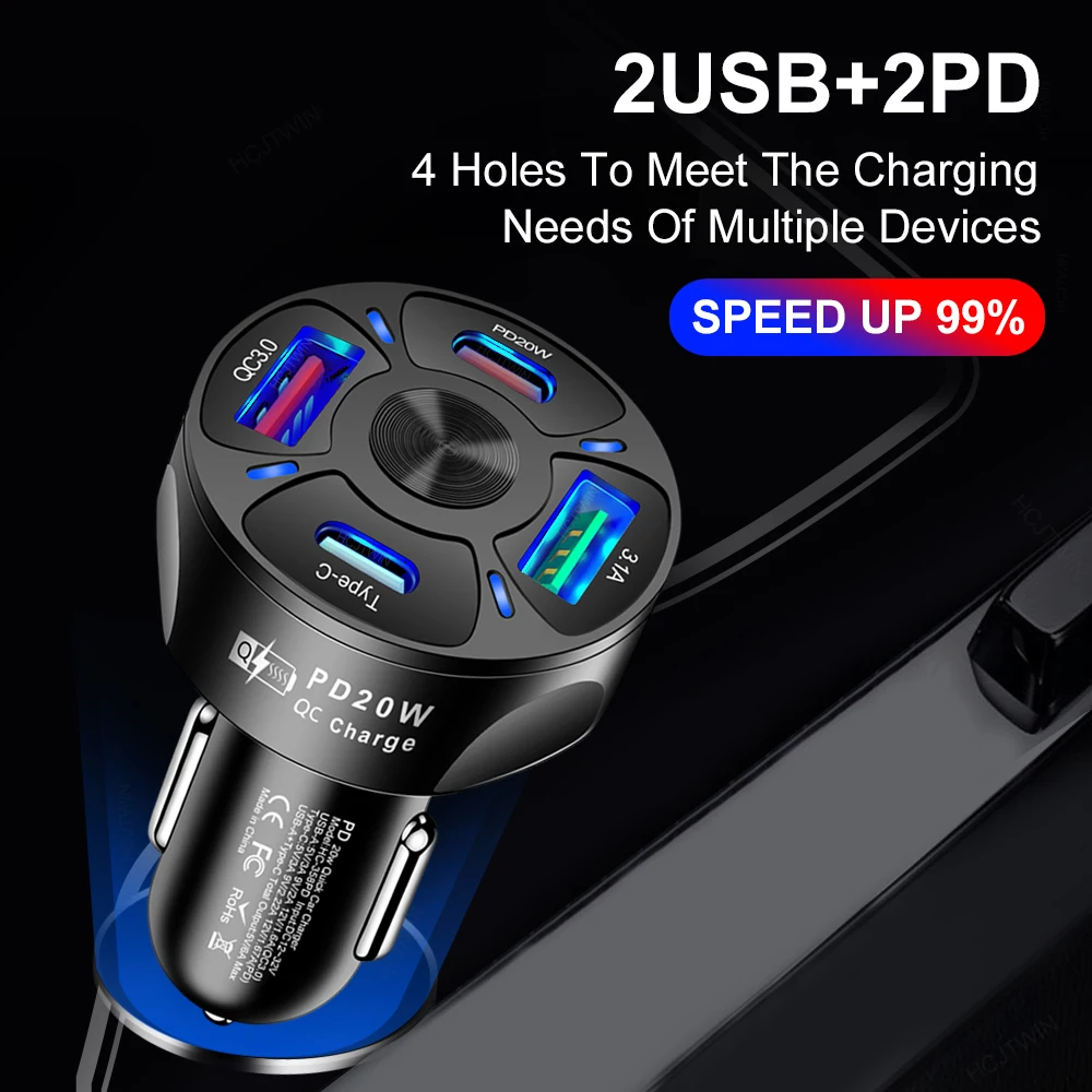 Type C 20W USB Car Charger 4 Ports Fast Charge PD QC3.0 For Xiaomi 14 POCO iPhone 15 Huawei Samsung Fast Charging Adapter in Car image 2