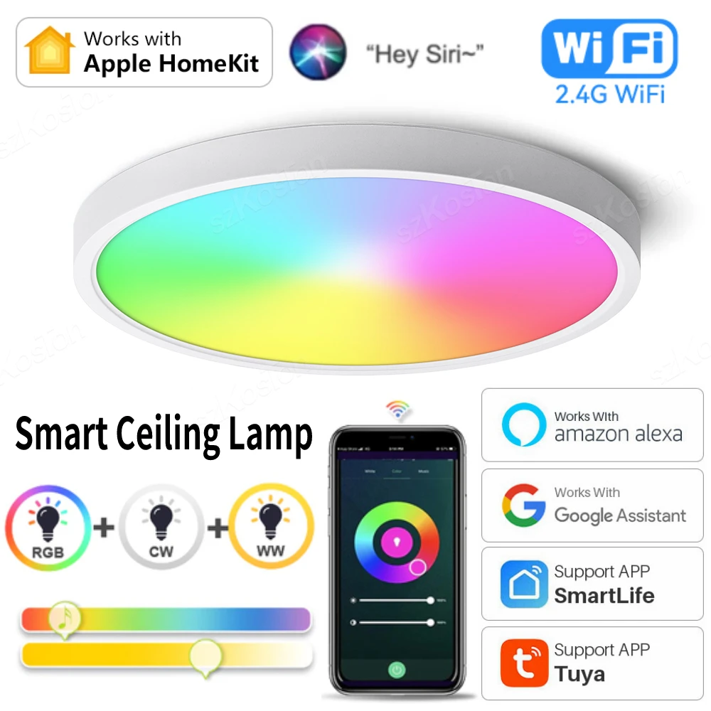 Homekit Tuya WiFi Smart Ceiling Lamp RGBCW Dimmable Ceiling Light with Remote Control Bedroom LED Lights for Siri Alexa Google