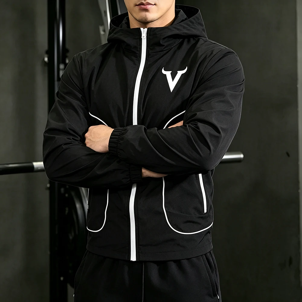 Men Casual Sport Stand Collar Hooded Outerwear Full Zip & Side Stripes Zipper Pocket Bull Horn Print Daily Running Jacket Top