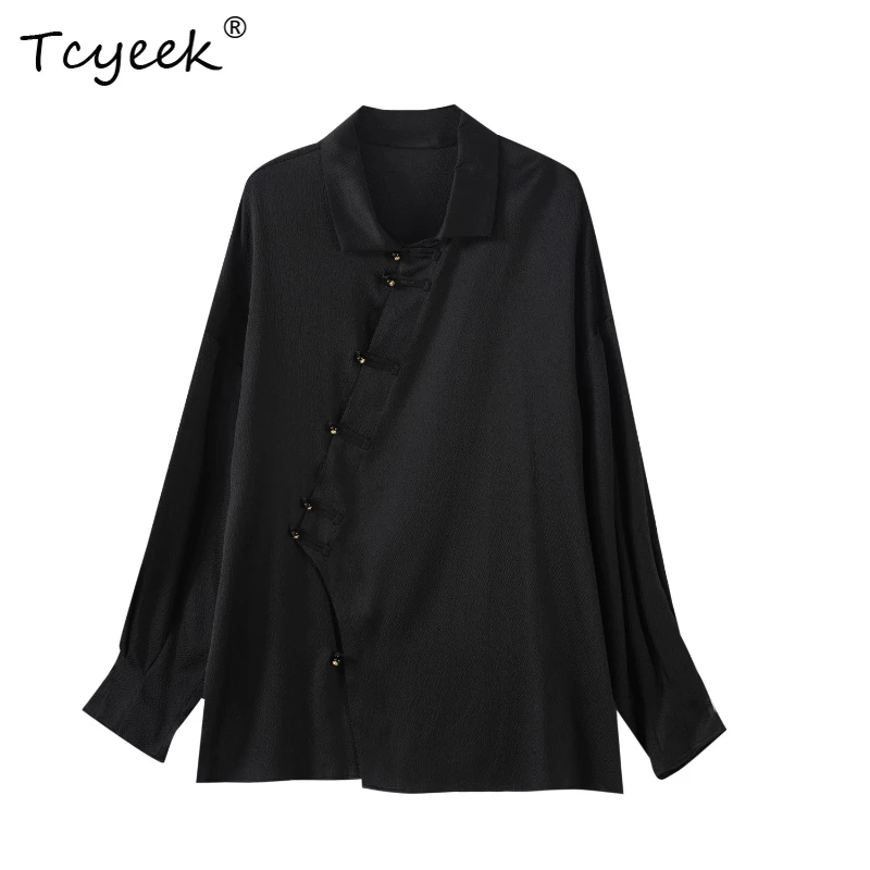 

Tcyeek 93% Mulberry Silk 7% Spandex Spring Summer Thin New Chinese Style Long Sleeved POLO Collar Black White Женская Одежда