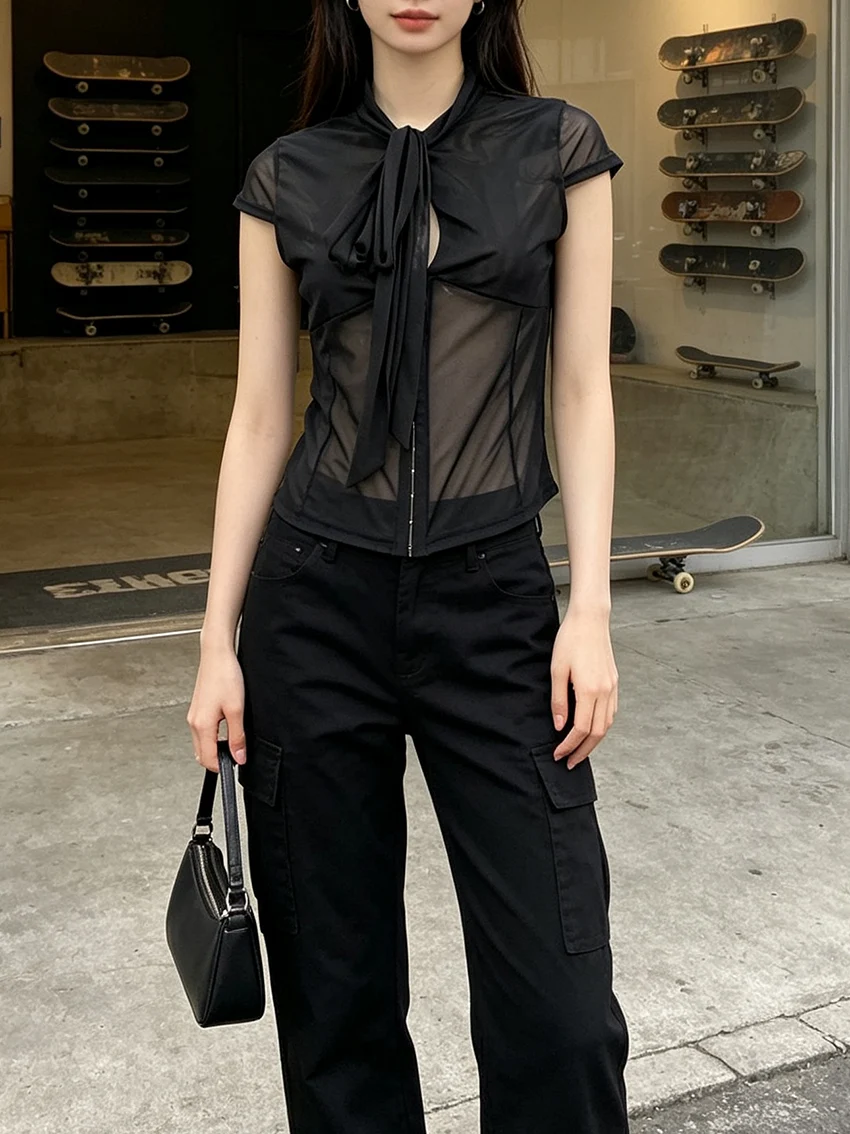 Blusa de corsé de malla negra a la moda para mujer, cuello de corbata, gancho frontal de malla fina, Top gótico Y2K, camiseta de Club nocturno