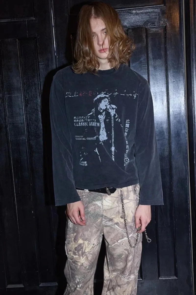

Juspinice Printed Vintage Washed Distressed Cotton Long Sleeved T-shirt for Men's Autumn Couple Base Male Clothing
