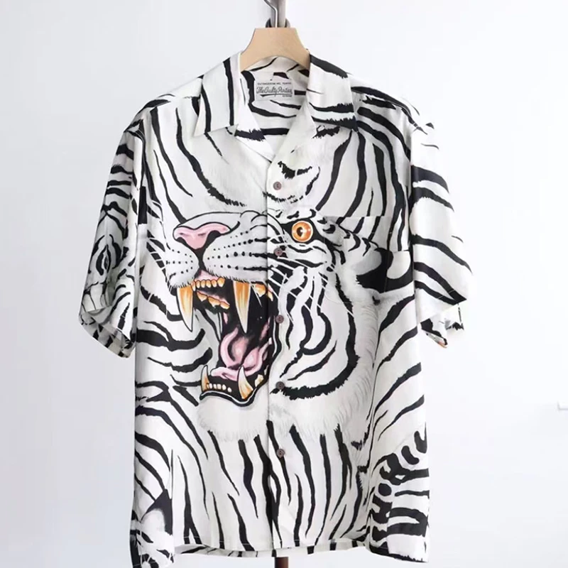 Summer New Vintage Big Tiger Print Casual Loose Hawaii Shirt Men Woman 1:1 Best Quality Sand Vacation Tops T-shirt