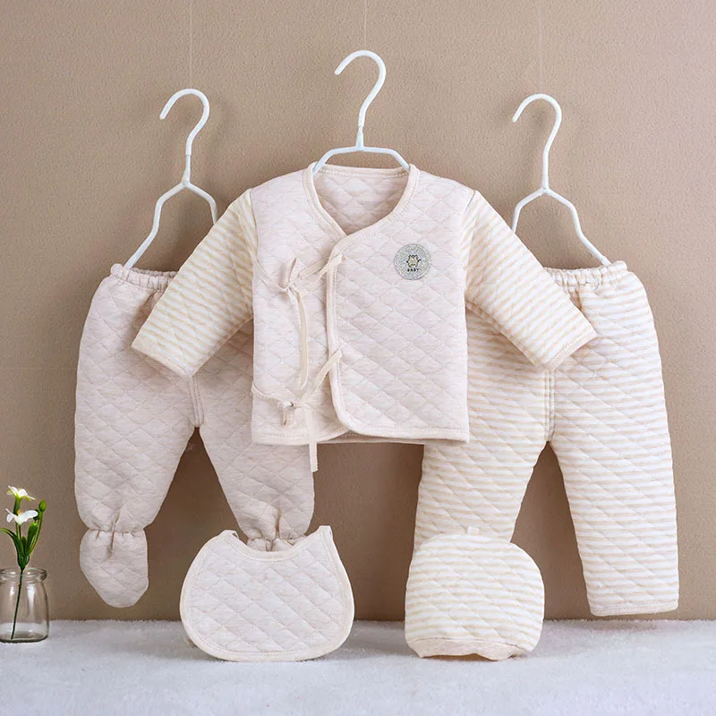 5Piece Autumn Winter Newborn Boy Clothes Girls Outfit Sets Korean Casual Cute Warm Thick Cotton Tops+Pants Baby Clothing BC839