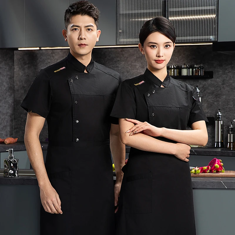 black Chef uniform apron work clothes logo Chef shorts Summer Men short sleeve Jacket Breathable Chef coat Restaurant Kitchen