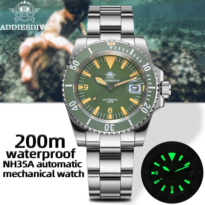 ADDIESDIVE Men Automatic Watch Sapphire 316L Stainless Steel 200M Diver Reloj Hombre Date C3 Super Luminous Mechanical Watches