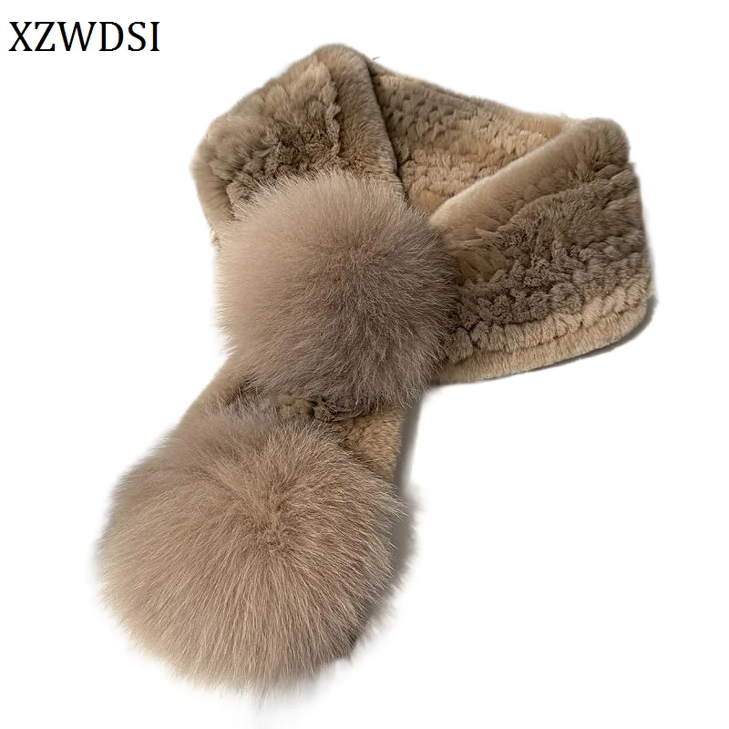 

Lady Furry Knitted Real Rex Rabbit Fur Scarf with Big Fox Fur Pom Pom