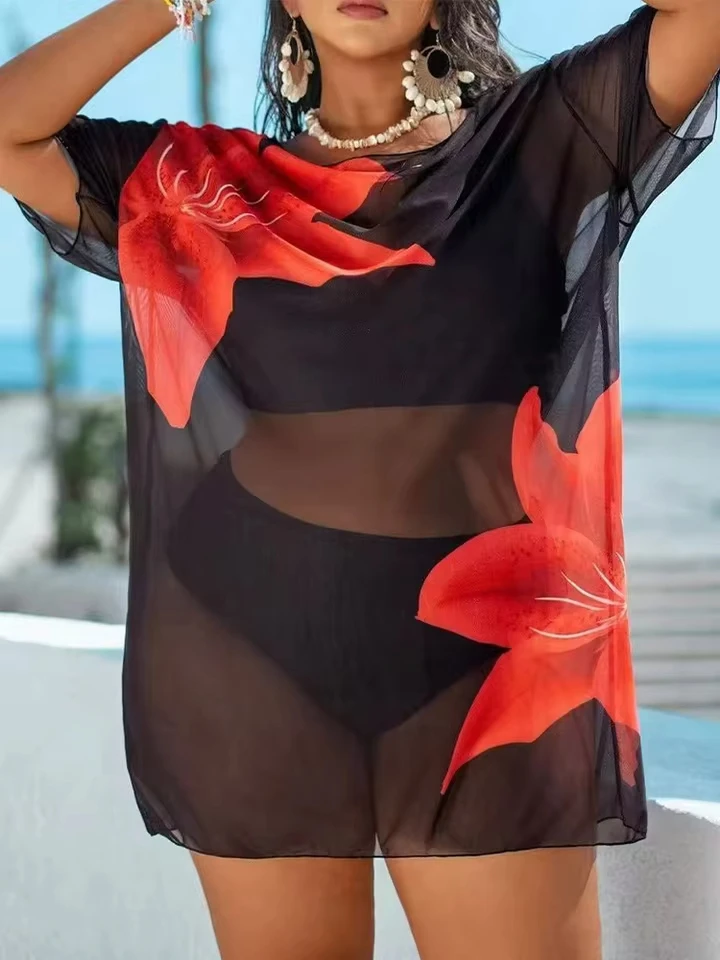 

Vzvn Fashion Print Short Sleeve Sunscreen Smock 3 Piece Set Women Split Swimsuit Beach Bikinis 2025 New All Season Bikinis Set