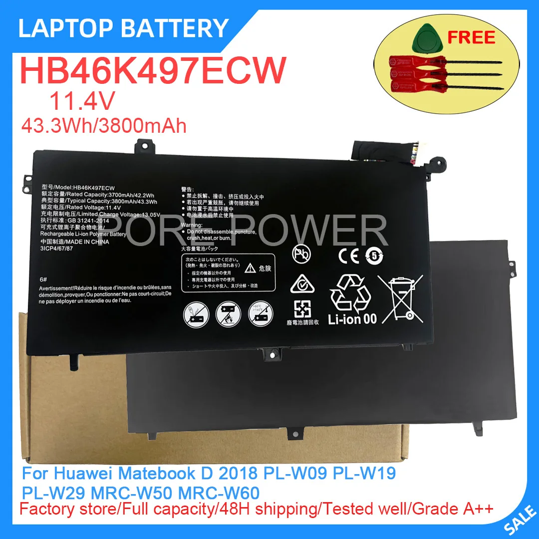 New Laptop Battery HB46K497ECW 11.4V 43.3WH 3800mAh High Quality For Huawei Matebook D 2018 PL-W09 PL-W19 PL-W29 MRC-W50 MRC-W60