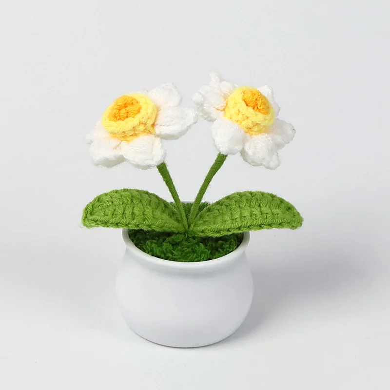 1pc Finished Daffodil Pot Two Heads Handmade Crochet Mini Plant Potted Table Decoration Valentine's Day Friend Gift Home Decor