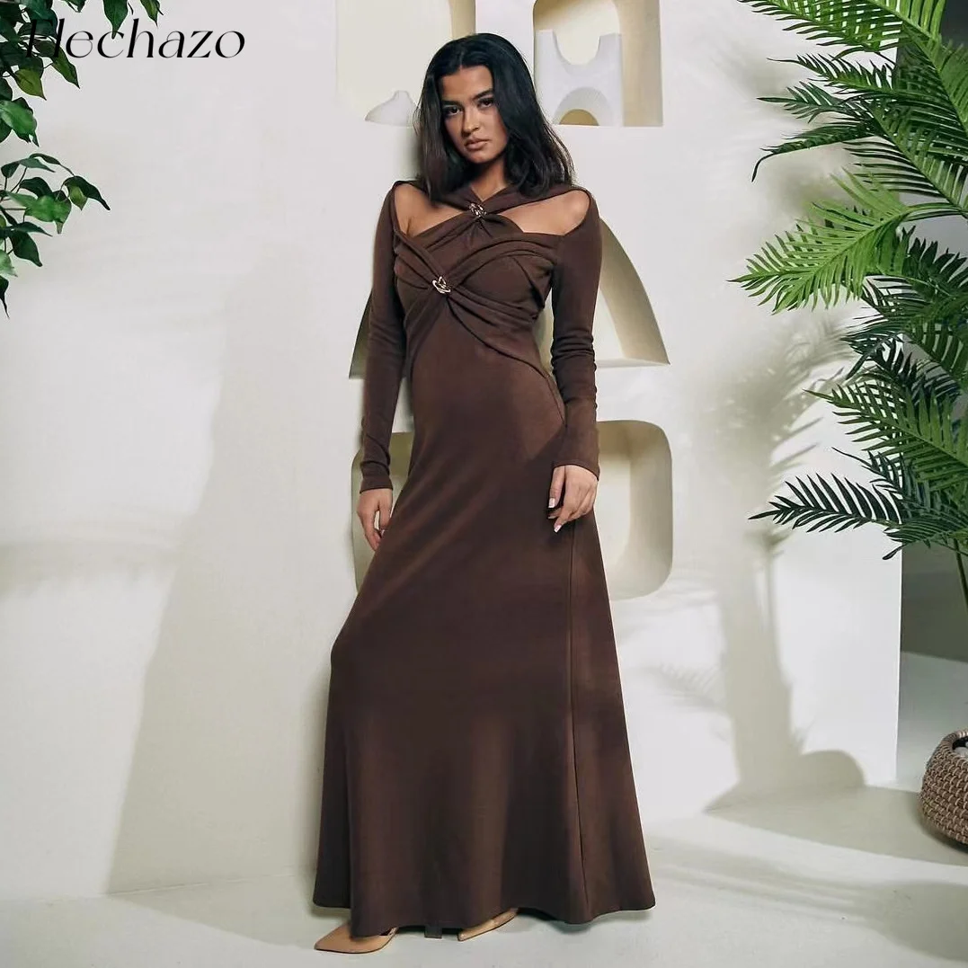 Flechazo Brown Evening Dresses Long Sleeves Special Style Ruched Tiered Party Simple Elegant Dress For Women 2024 فساتين السهرة