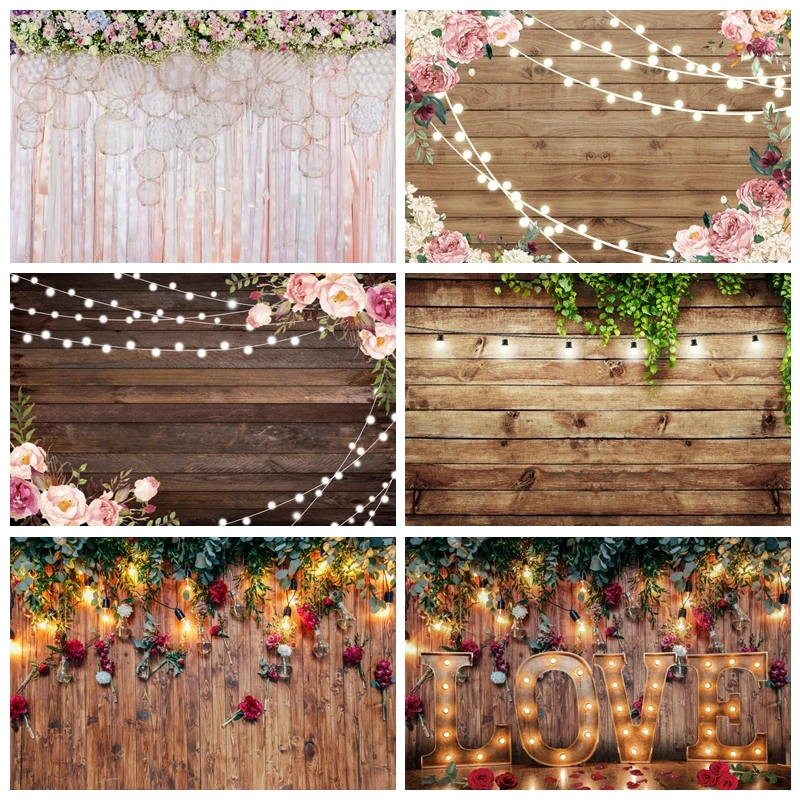 

Floral Wooden Backdrop Rustic Pink Flowers Wedding Light Brown Wood Photography Background Bridal Anniversary Decor Banner Props