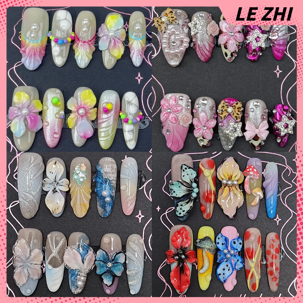 

10Pcs Spice Girl 3D Flowers Long Almond Pointed Ellipse Reusable Press On Nails Diamond Pentagram Pearl French False Nail