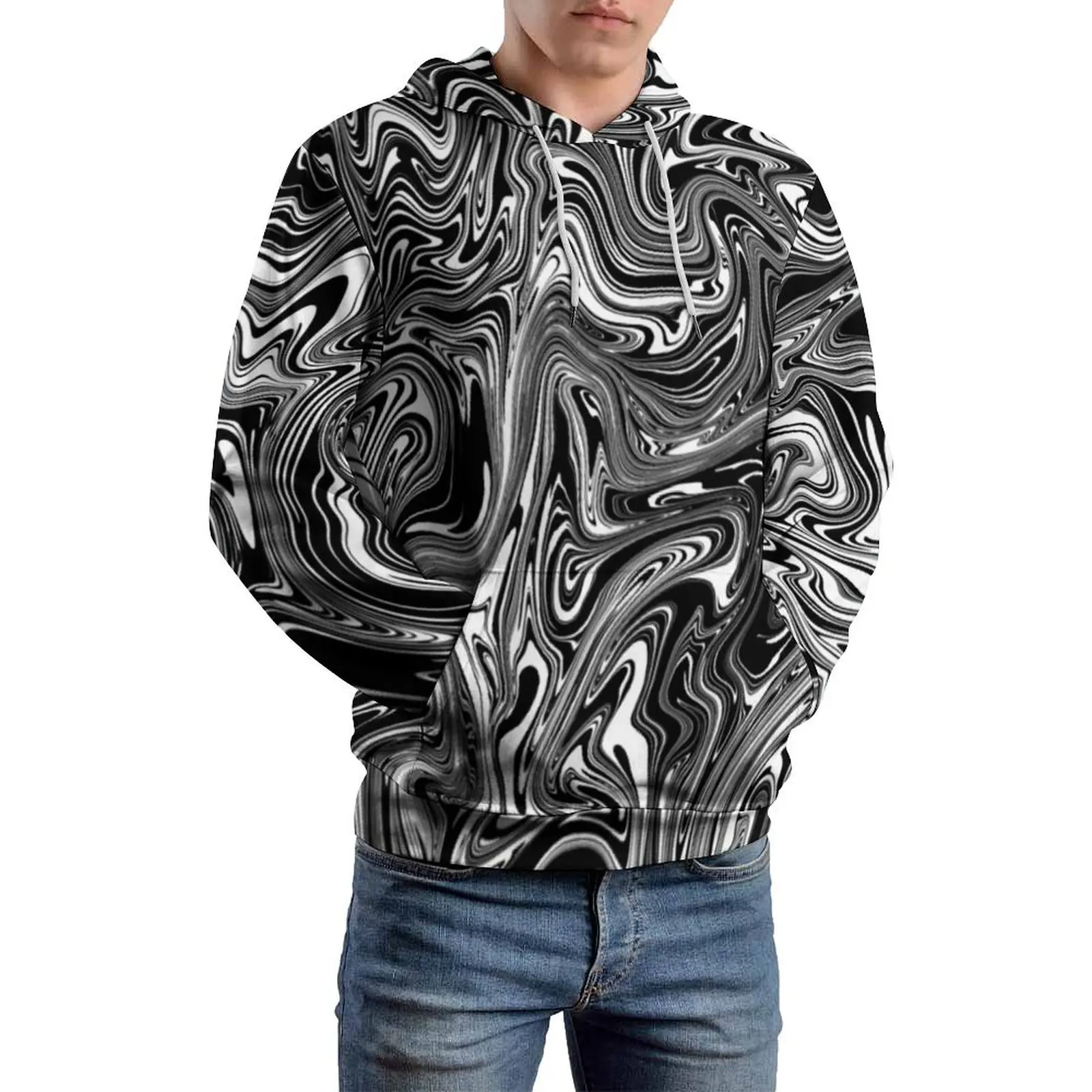 Black White Liquid Casual Hoodies Men Abstract Marble Print Design Hooded Sweatshirts Autumn Long Sleeve Loose Oversized Hoodie