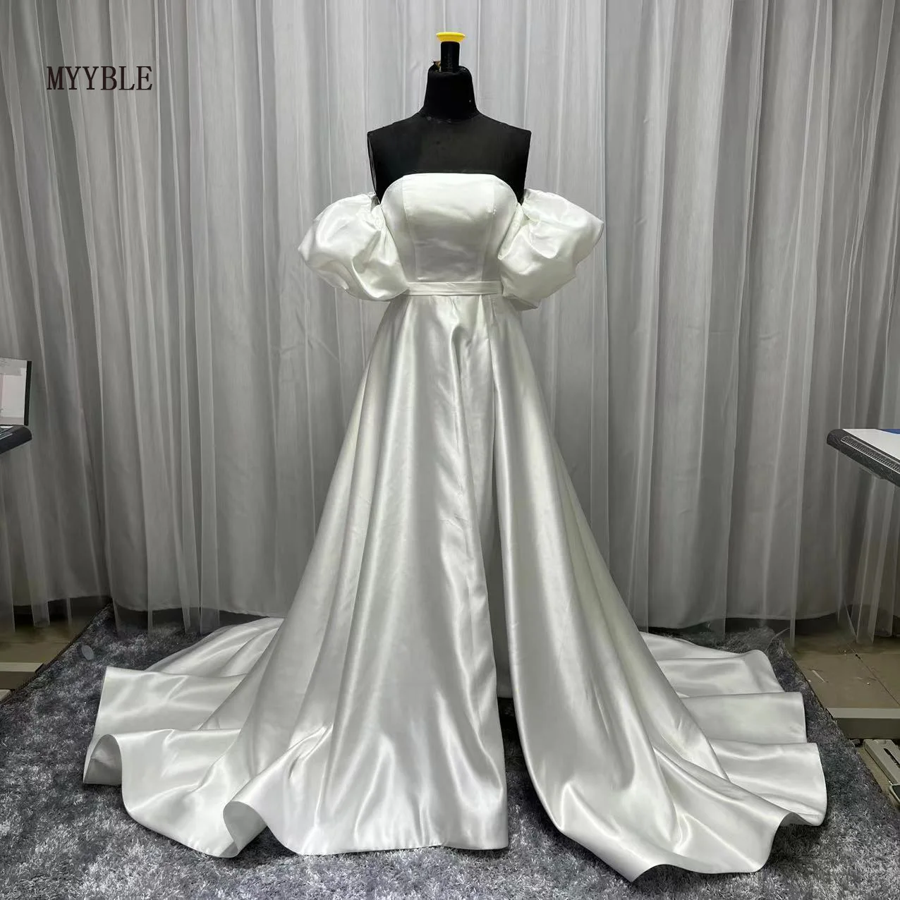 Vestido de novia de satén de talla grande, traje de novia Sexy con cola de corte y manga corta, sin tirantes, 2022