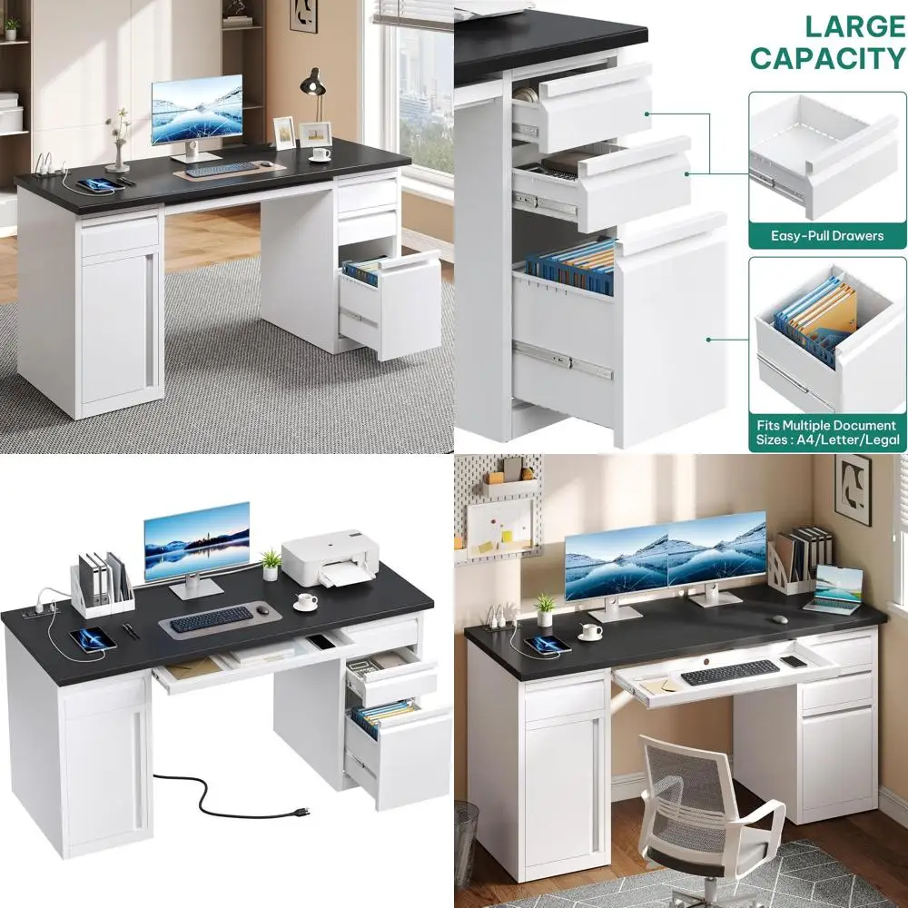 

Письменный стол с 3 ящиками и розетками, идеально подходит для дома или офиса, черно-белый