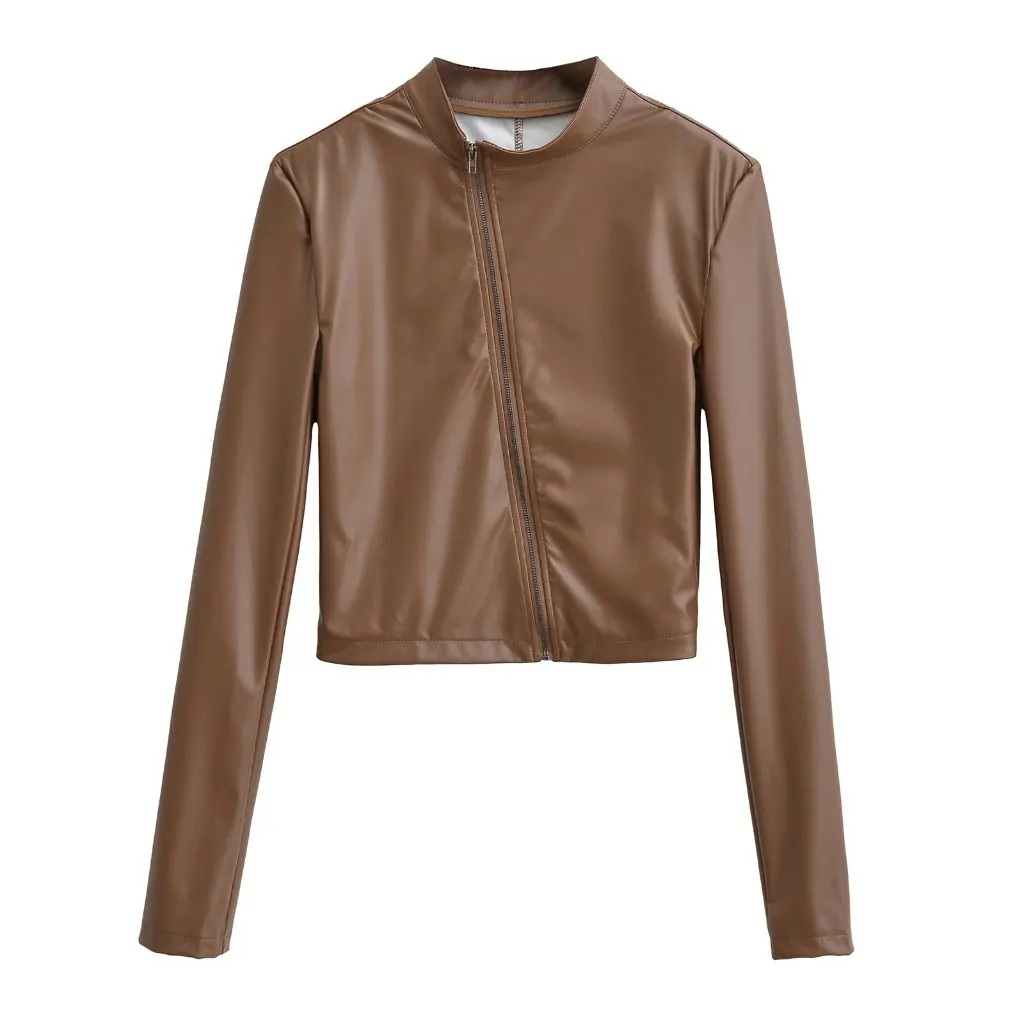 スパイスガールスタイルPUレザージャケット女性用斜めジッパースペシャルエージェントデザインスリムフィット縦襟秋新作