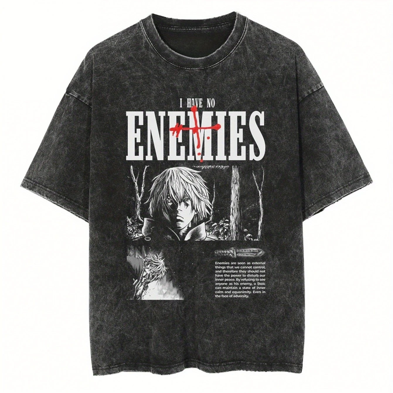 

Vinland Saga Manga T-Shirt "I Have No Enemies" Graphic Black Washed Cotton Crew Neck Loose Fit Short Sleeve