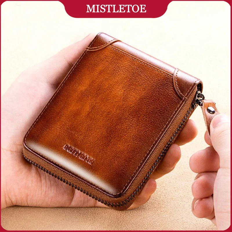 Man Functional Small Zipper Purse Anti RFID Real Cow Leather Card Coin Wallet for Men Travel Business