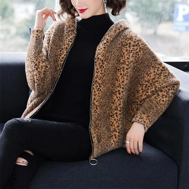 Herfst Winter Luipaard Print Bontjas Vrouwen Gebreid Vest Korte Jassen Faux Nertsen Bont Capuchon Batwing Mouw Dikker Bovenkleding