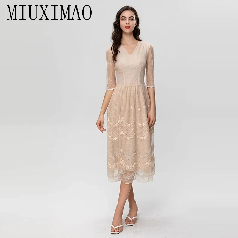 

MIUXIMAO 2023 High Quality Spring&Summer Elegant Dress Hand beading V-Neck Lace Embroidered Fashion Long Dress Women Vestides