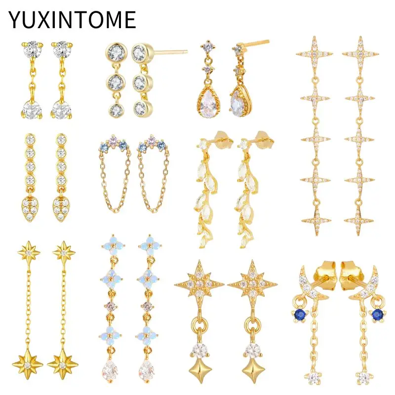 

925 Silver Ear Needle Crystal Star Stud Earrings Heart Chain Tassel Pendant Earrings For Women Party Wedding Jewelry Accessories