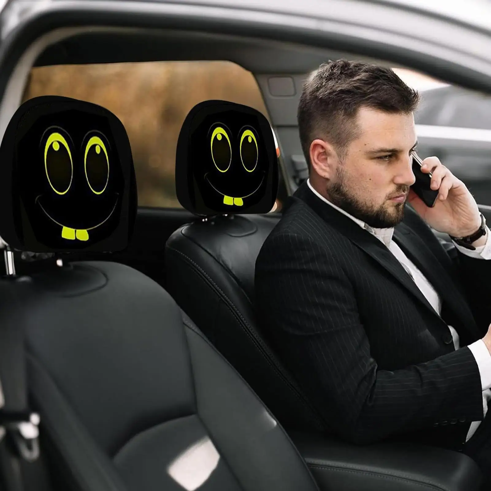

Headrest Covers 2 Pieces Car Seat Headrest Cover Funny Expression Design Cute Breathable For Interior Vehicle Auto Decoration