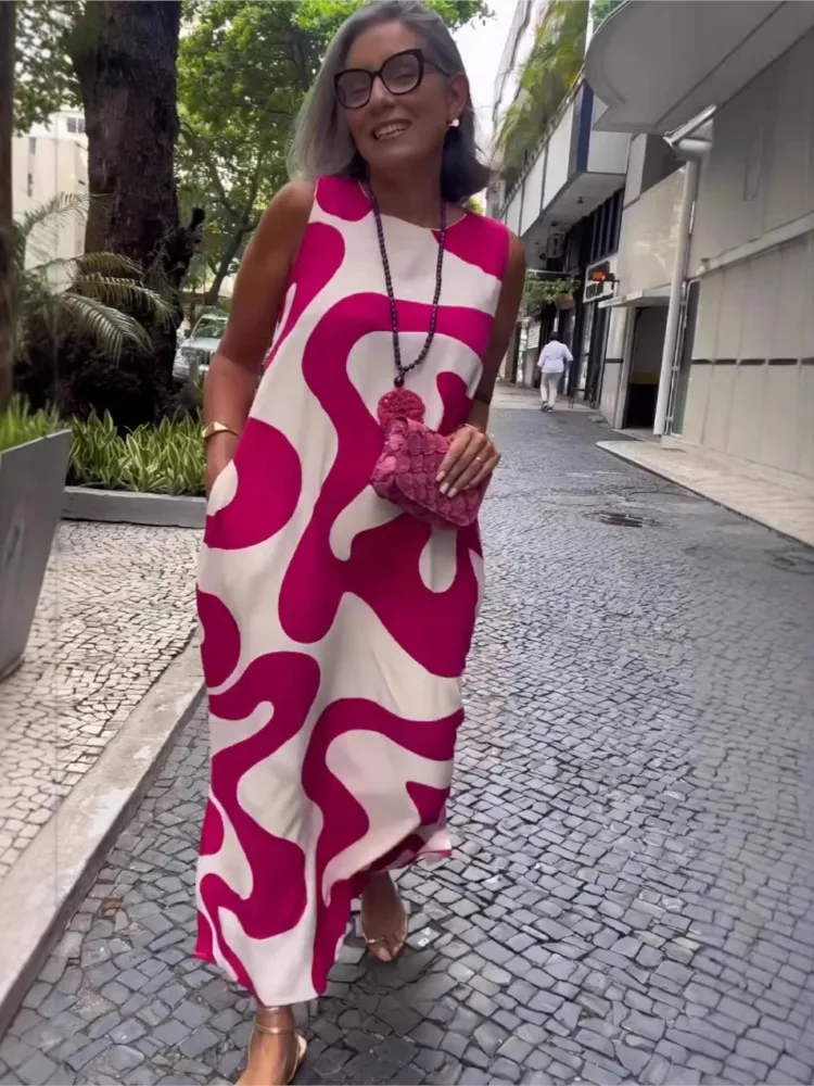 Abito estivo con stampa Boho Lady Fashion senza maniche o collo pullover abiti larghi per le donne abbigliamento casual da donna per le vacanze Nuovo 2025